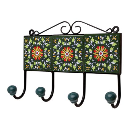 Green Floral Ceramic Tiles Hooks-472 (Set Of Ine Piece)
